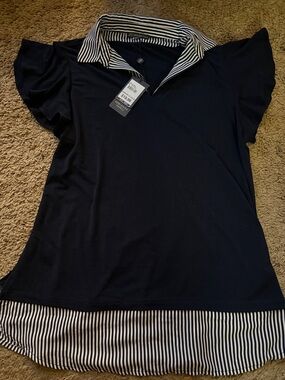 Adrianna Papell New Women’s M Navy Blue Striped-Collar Polo Top